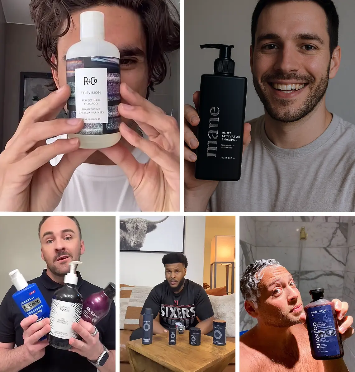 Men's grooming editors holding their hair loss shampoos