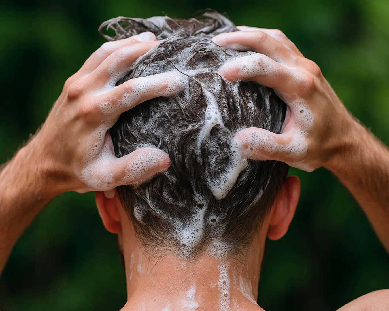 Man lathering Mane Root Activator Shampoo into his hair