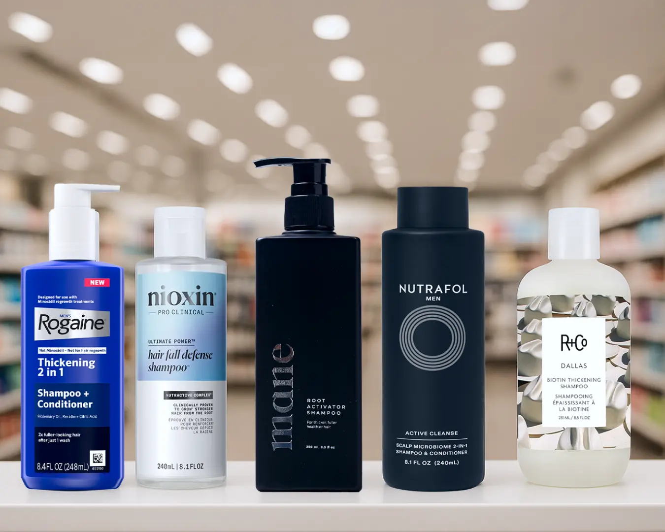 Mane Root Activator Shampoo next to the four competitor shampoos